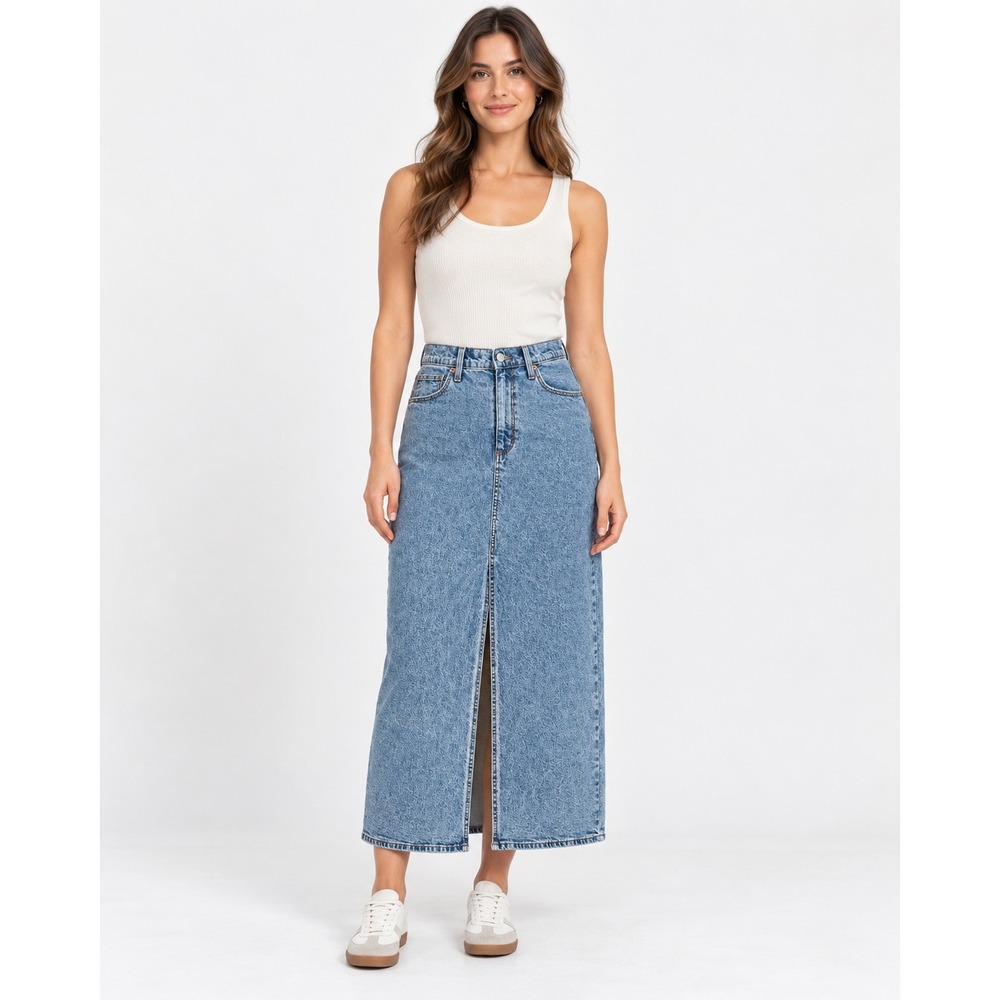 Universal Thread Denim Maxi Skirt Womens 10 Blue High Rise Front Slit Cotton EUC